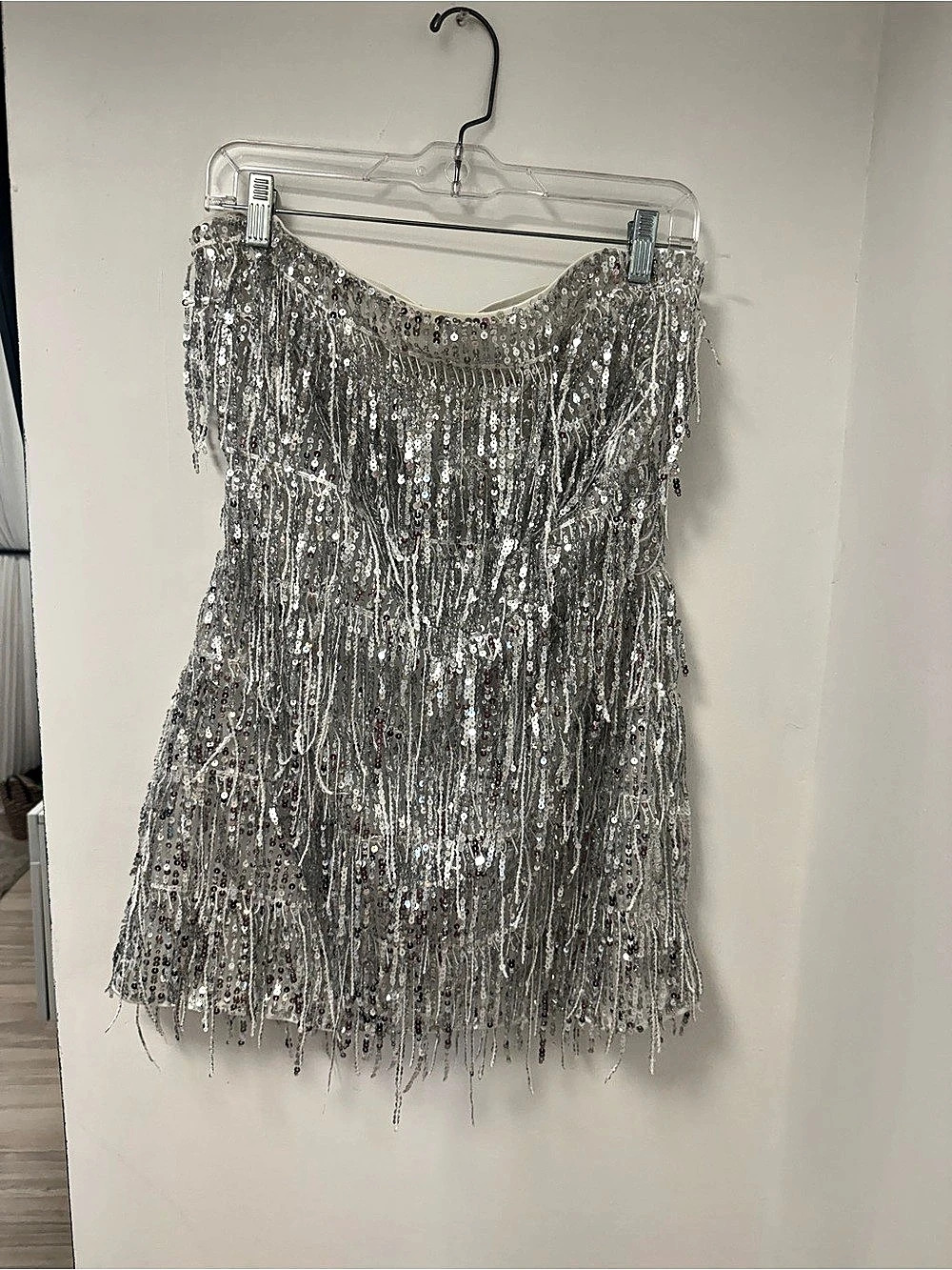 Lulus Shanelle Silver Sequin Fringe Strapless Mini Dress